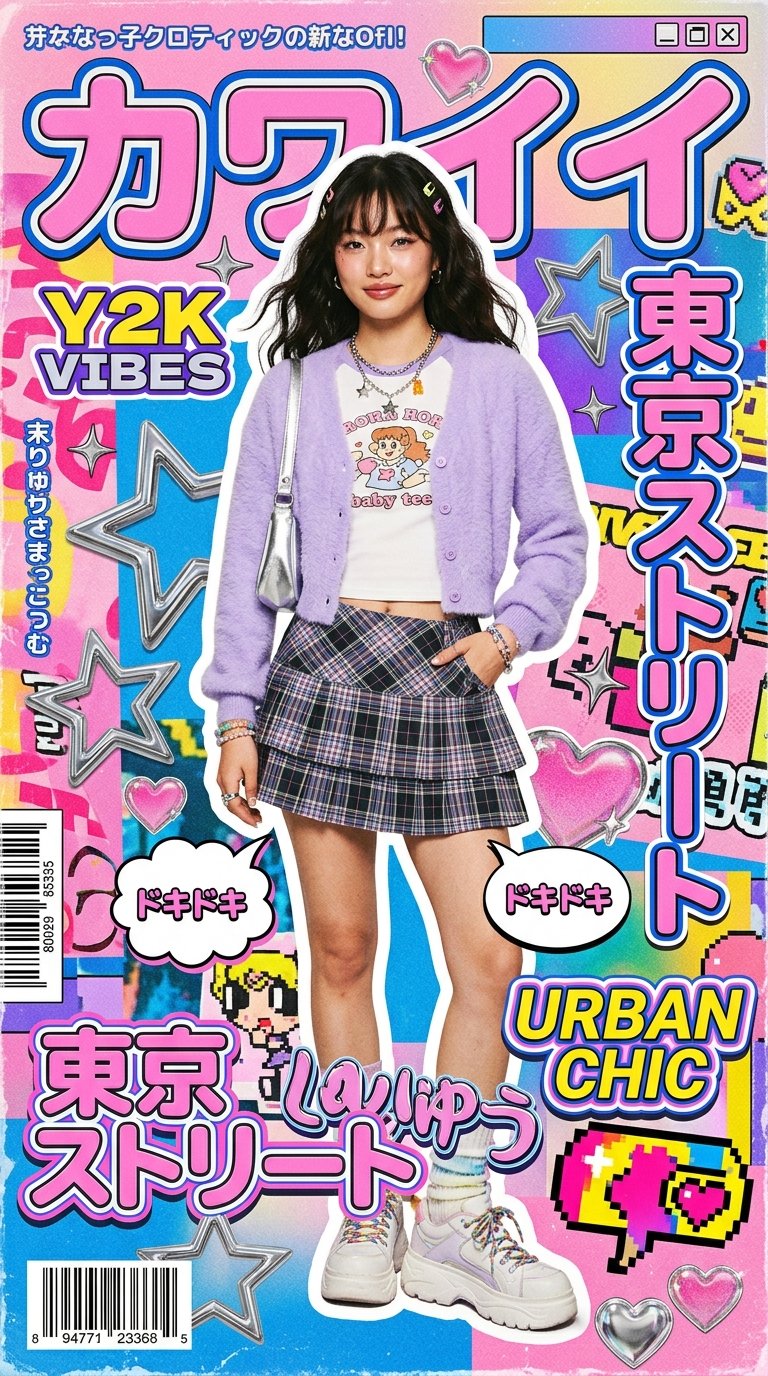 高级感Y2K可爱日韩街头风海报 / High Fashion Kawaii Y2k Editorial Poster，UI 与社交媒体截图，电影感、时尚、海报，案例输出图 1