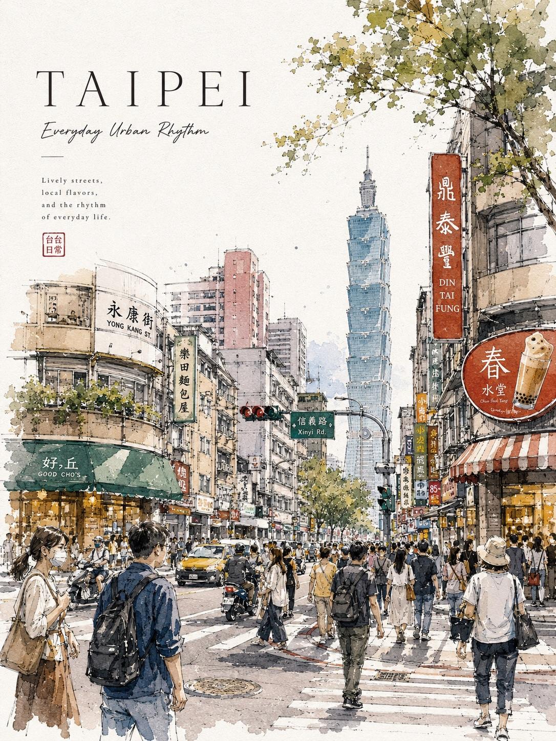 唯美水彩城市街头手绘旅行海报 / Watercolor City Street Travel Poster，人像与摄影，人像、电影感、时尚，案例输出图 1