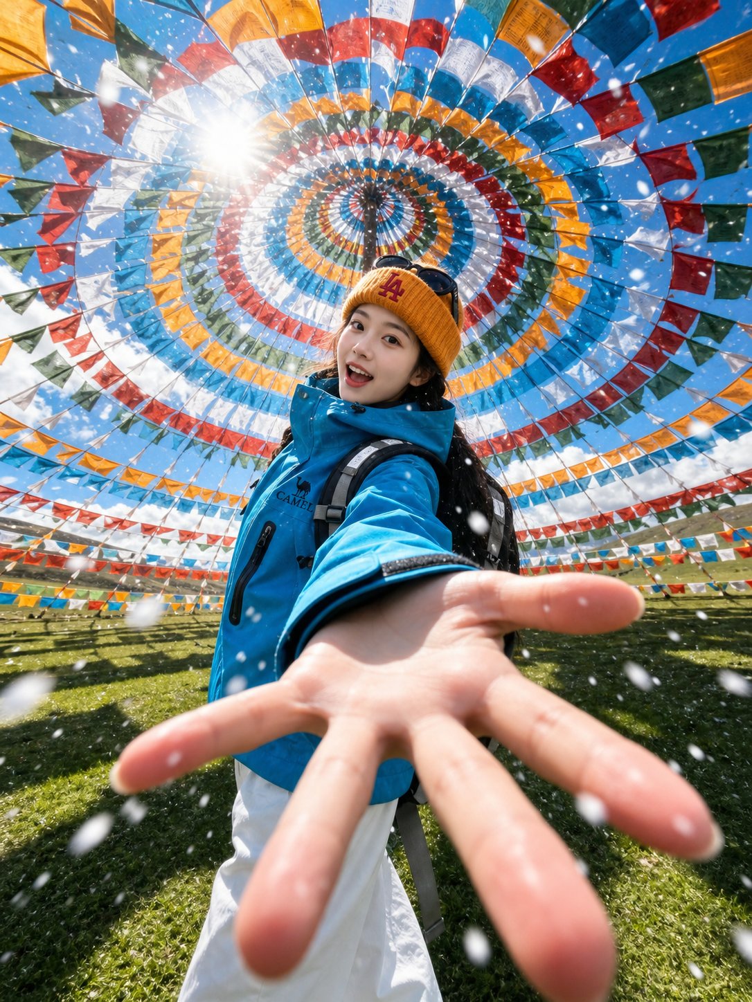 高山草甸经幡背景旅行自拍人像 / Alpine Meadow Tibetan Prayer Flags Travel Selfie，人像与摄影，人像、城市视觉、品牌，案例输出图 1