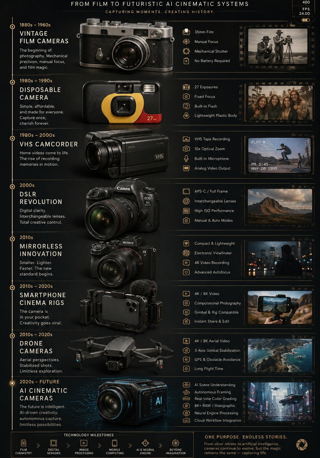 摄影机进化史复古胶片到AI系统信息图 / Camera Evolution Vintage To Ai Cinematic Infographic，UI 与社交媒体截图，35mm、霓虹、电影感，案例输出图 1