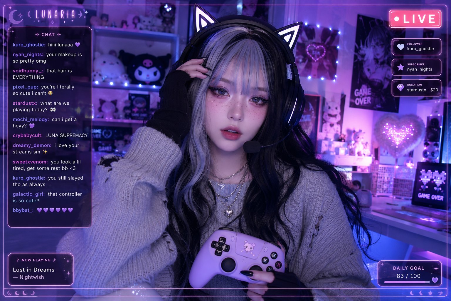 霓虹氛围感电竞少女直播间写实 / Neon Gamer Girl Live Stream Aesthetic，海报与插画，霓虹、海报、插画，案例输出图 1