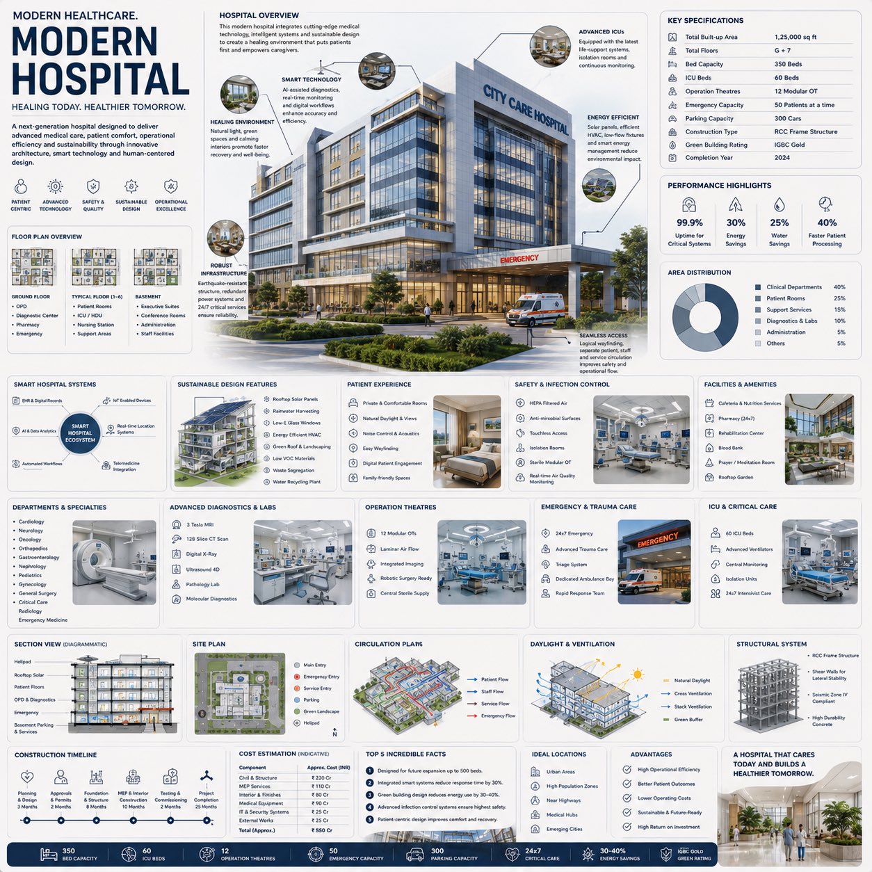 现代医疗建筑百科全书信息图 / Premium Healthcare Architecture Infographic Prompt，UI 与社交媒体截图，时尚、海报、UI，案例输出图 1