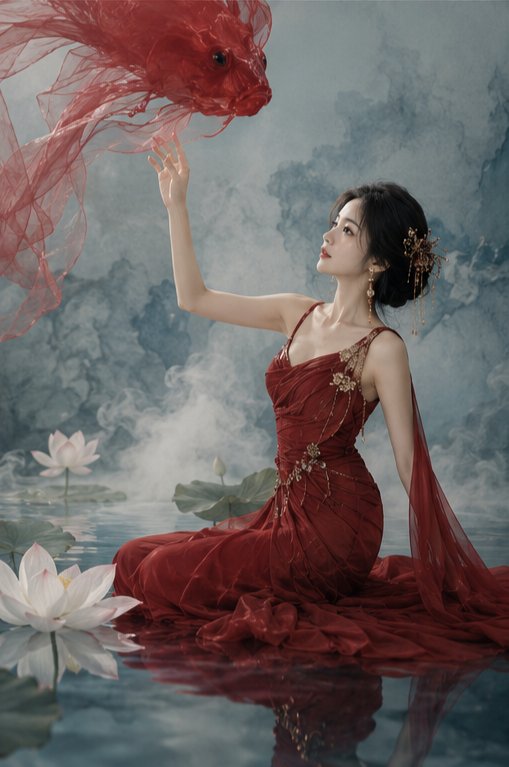 新中式锦鲤高定艺术写真四宫格 / Neo Chinese Koi Haute Couture Art Portrait Collage，角色设计，35mm、人像、时尚，案例输出图 2