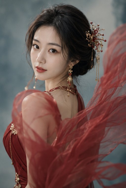 新中式锦鲤高定艺术写真四宫格 / Neo Chinese Koi Haute Couture Art Portrait Collage，角色设计，35mm、人像、时尚，案例输出图 1