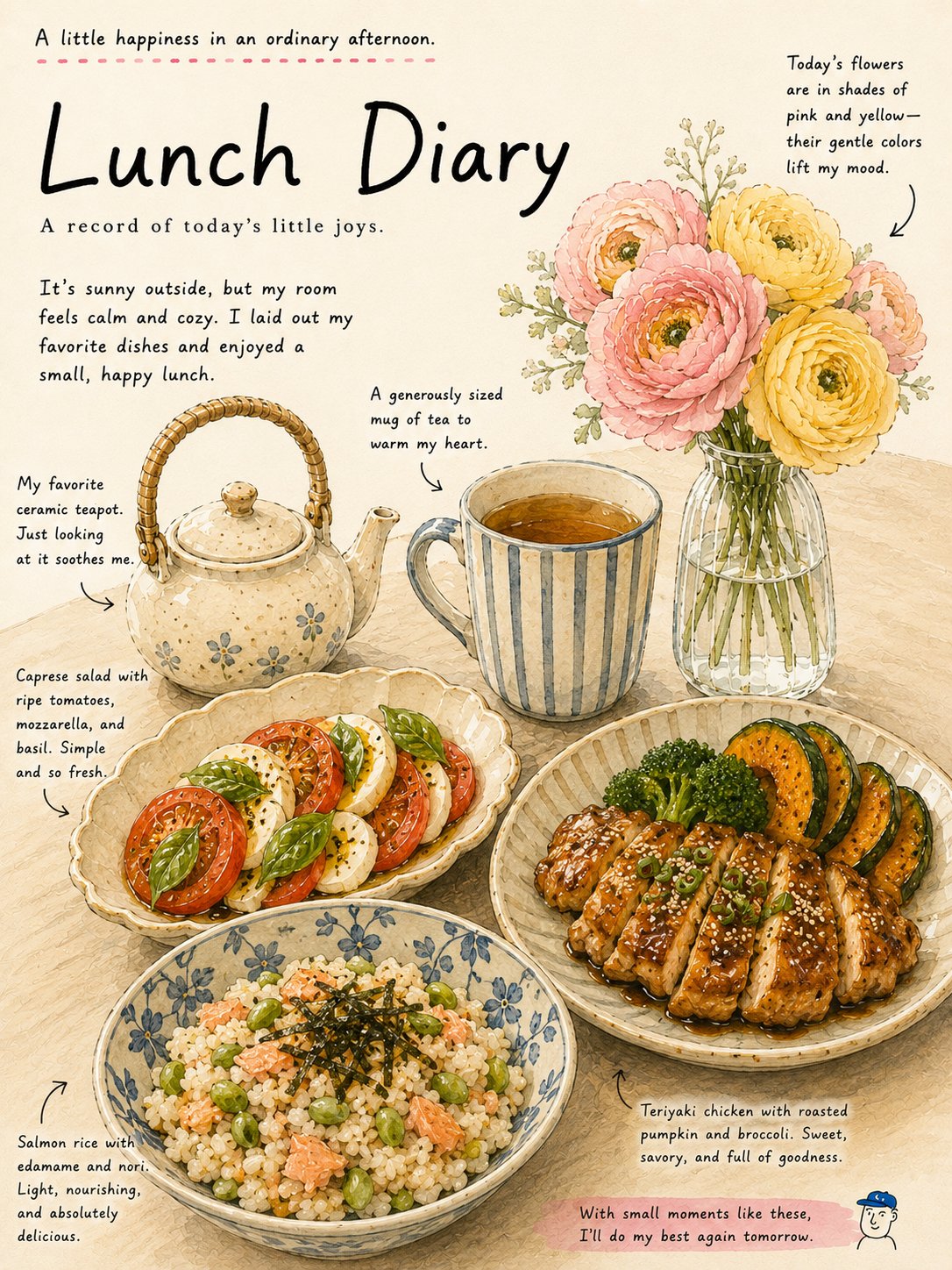 日系手绘水彩午餐日记插画 / Cozy Japanese Watercolor Lunch Diary Illustration,海报与插画,海报、插画、极简,案例输出图 1