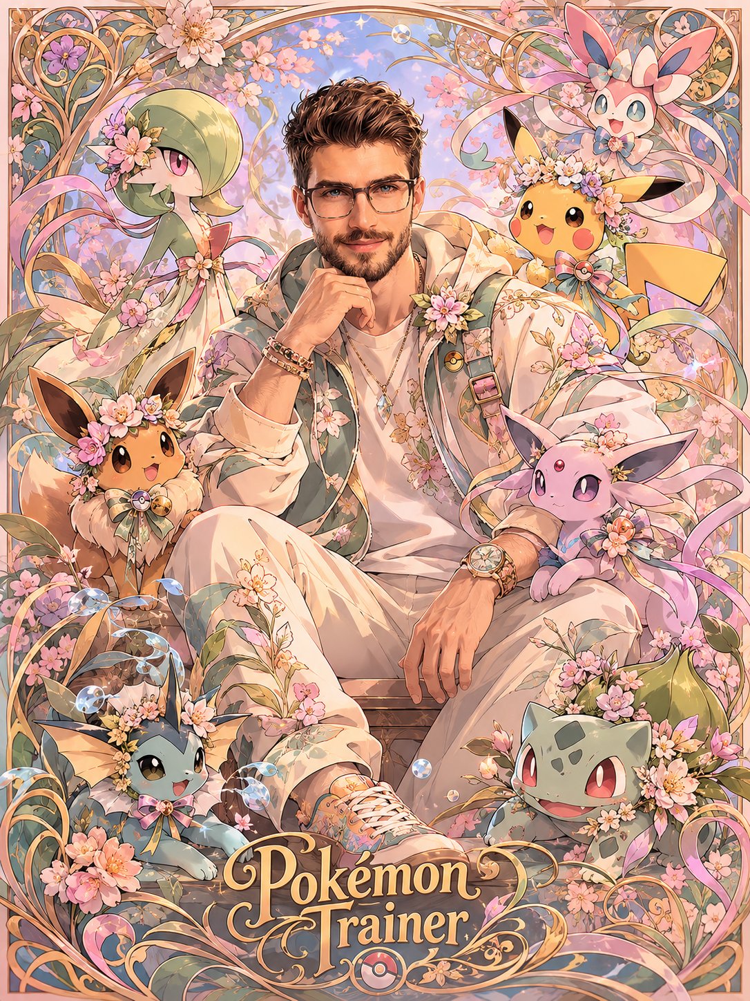 新艺术风格宝可梦训练师二次元插画 / Art Nouveau Pokemon Trainer Anime Style，角色设计，时尚、插画、角色，案例输出图 1