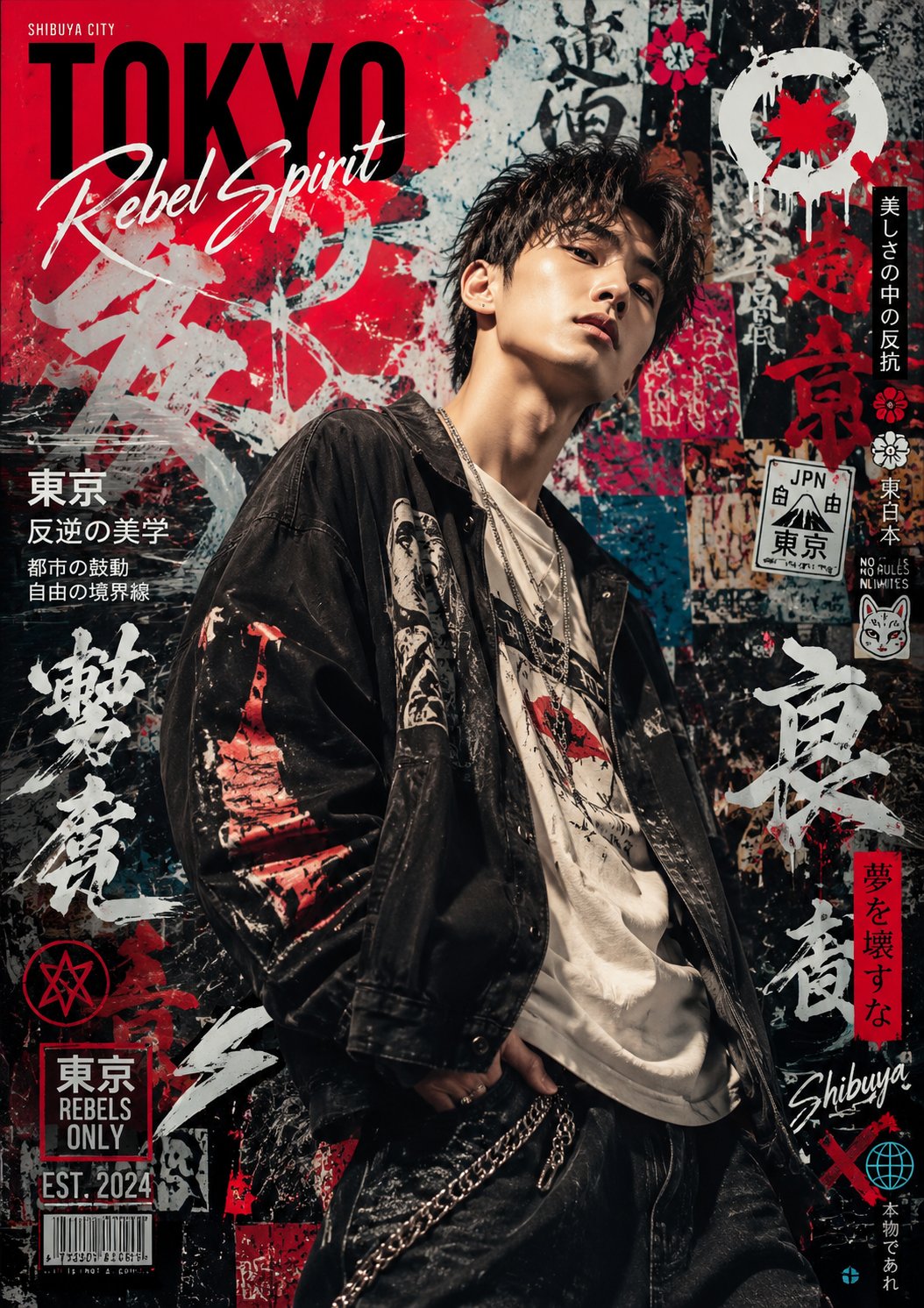 日式街头涂鸦风格高级感人像海报 / Japanese Graffiti Style Portrait Poster Urban Street Fashion，人像与摄影，霓虹、人像、电影感，案例输出图 1