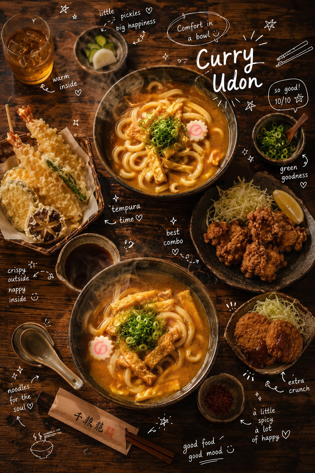 俯视电影感日式咖喱乌冬面手绘涂鸦 / Cinematic Japanese Curry Udon Journal Doodles Food Photography，人像与摄影，人像、电影感、插画，案例输出图 1