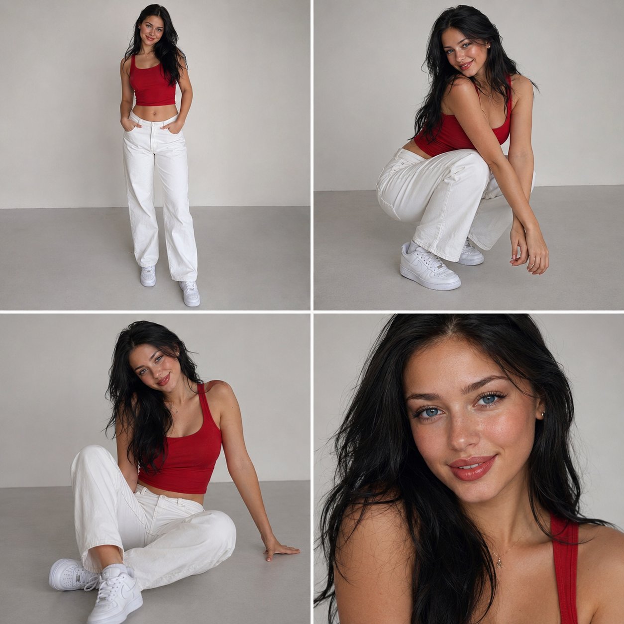 红色短背心白牛仔裤东欧模特人像四宫格 / Red Crop Top White Jeans Fashion Portrait Collage，人像与摄影，人像、时尚、极简，案例输出图 1