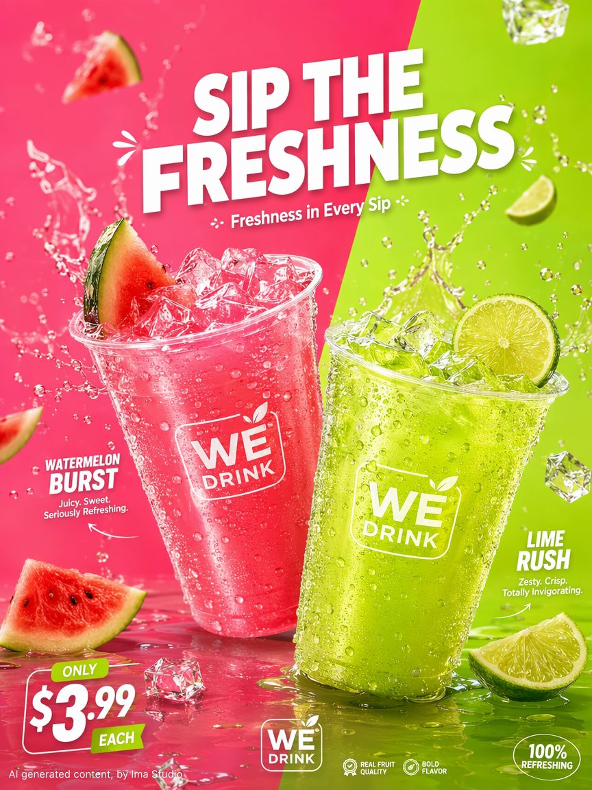 现代清爽西瓜青柠饮品商业宣传海报 / We Drink Watermelon Lime Beverage Poster，人像与摄影，人像、海报、极简，案例输出图 1