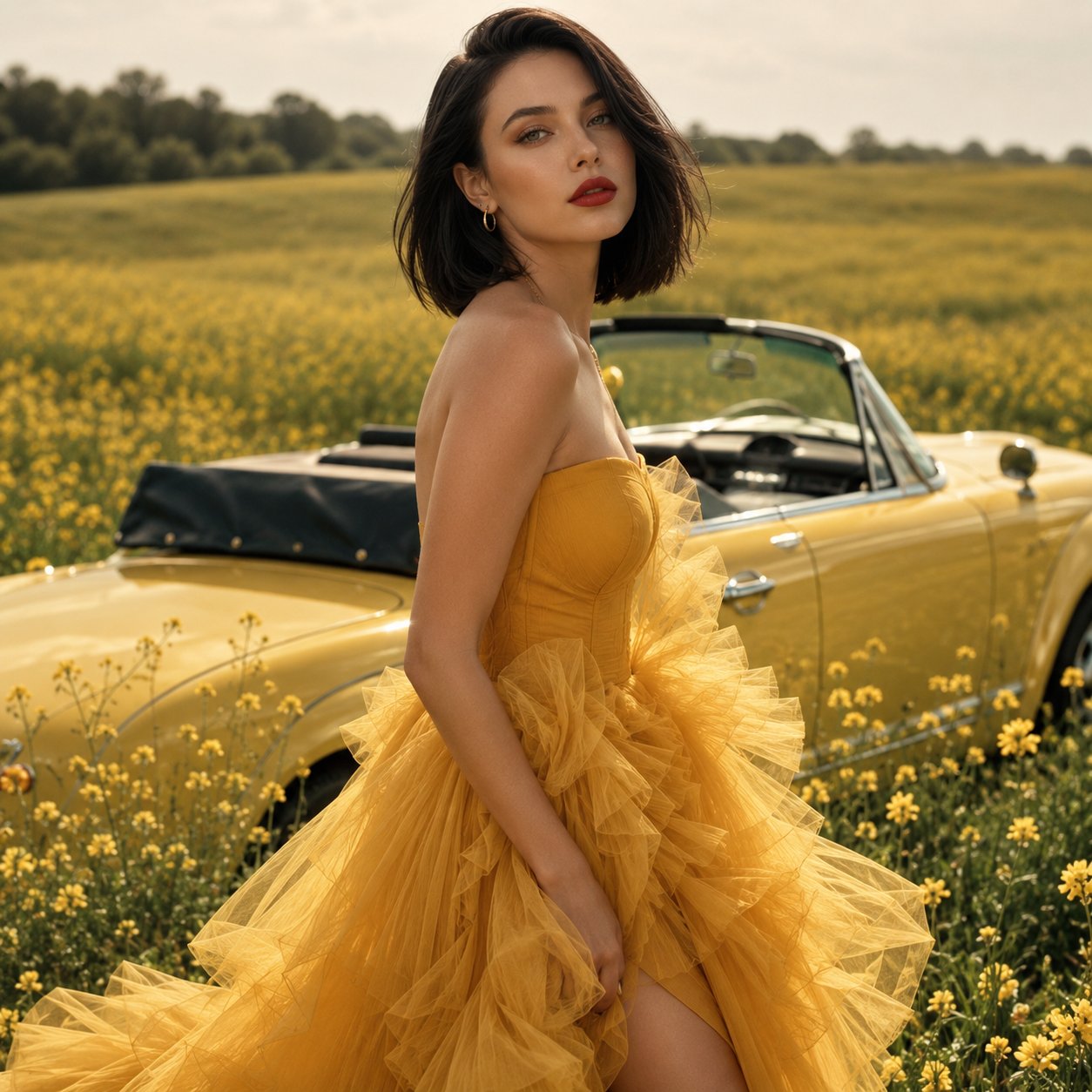 金色花海复古敞篷车高定礼服超写实大片 / Vintage Yellow Car Wildflower Fashion Editorial，人像与摄影，人像、电影感、时尚，案例输出图 1