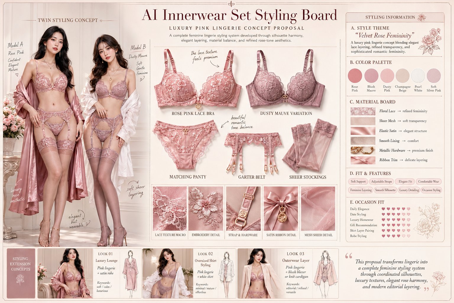 高级感内衣套装时尚提案画板 / Ai Innerwear Styling Board Prompt，人像与摄影，人像、时尚、海报，案例输出图 2