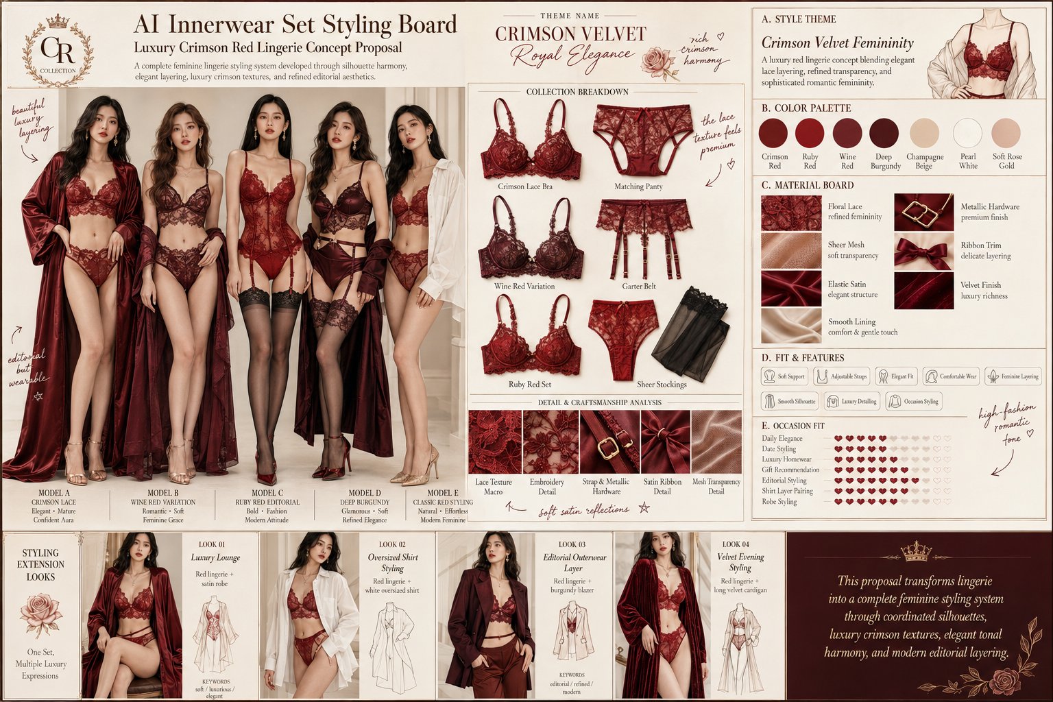 高级感内衣套装时尚提案画板 / Ai Innerwear Styling Board Prompt,人像与摄影,人像、时尚、海报,案例输出图 1