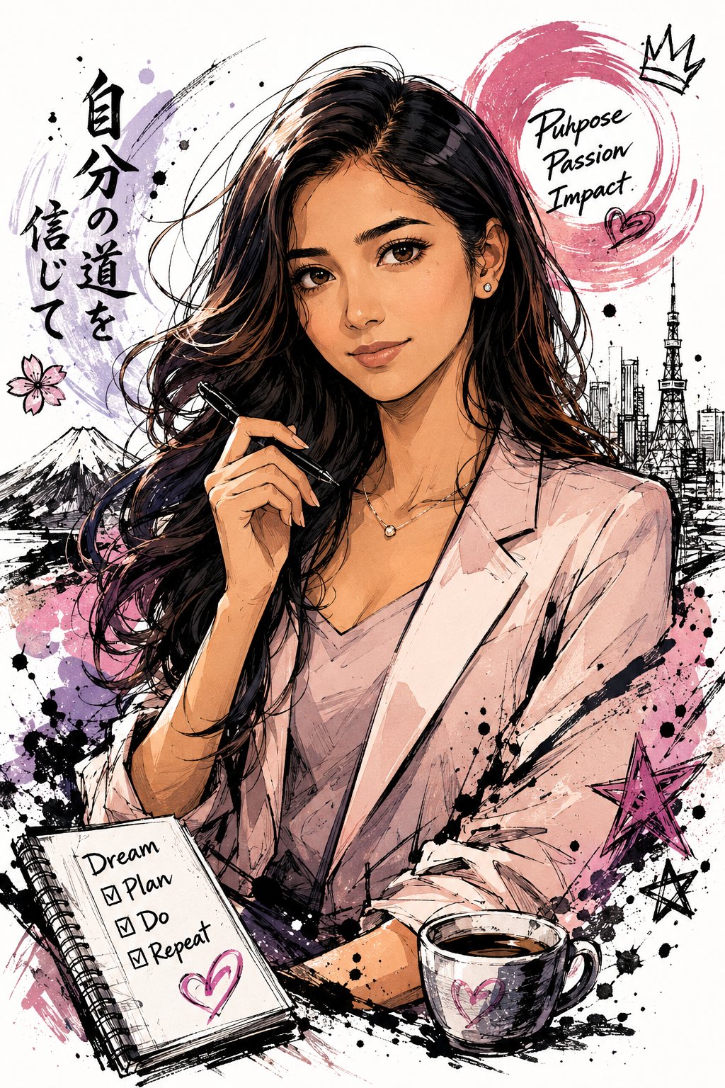 日系涂鸦墨迹风格半身人物插画 / Japanese Graffiti Ink Style Character Illustration，角色设计，插画、角色、极简，案例输出图 1