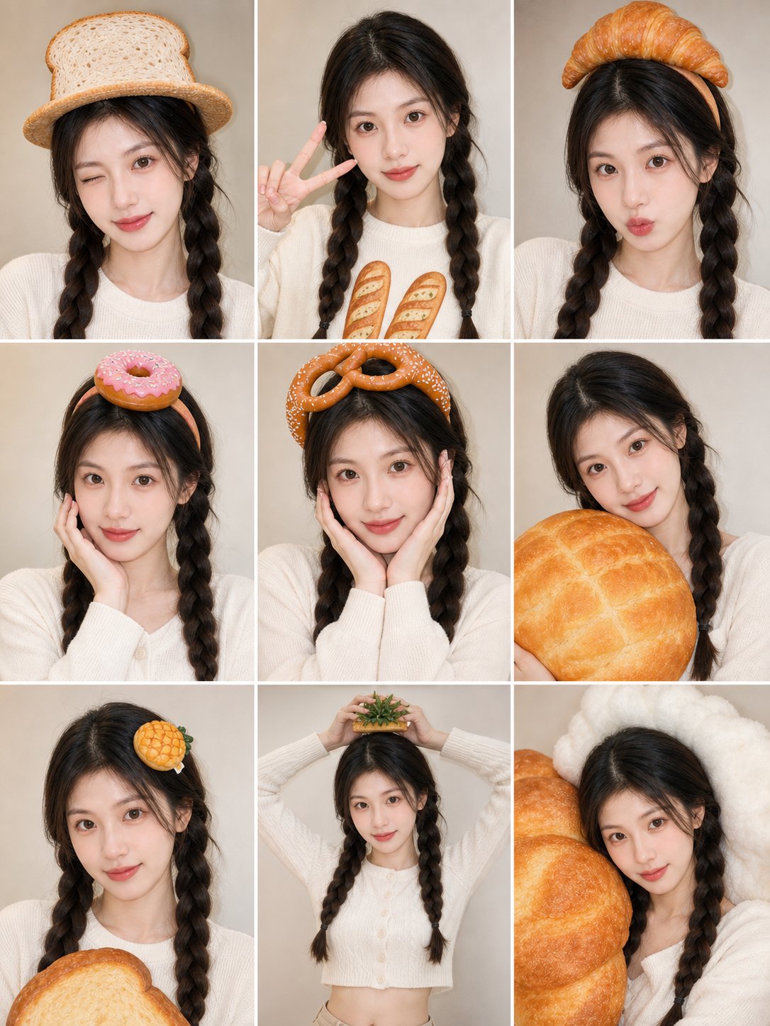 创意面包主题双马尾少女九宫格写真 / Bread Themed Girl Selfie Collage Prompt，人像与摄影，人像、竖版、人像与摄影，案例输出图 1
