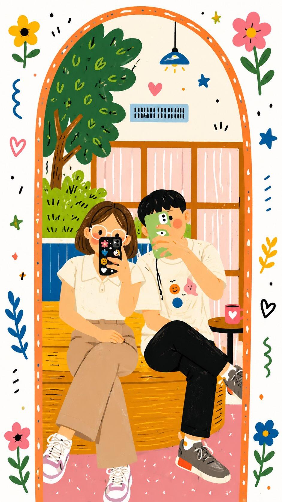 可爱韩系情侣对镜自拍插画 / Cute Couple Mirror Selfie Korean Illustration,角色设计,人像、插画、角色,案例输出图 1