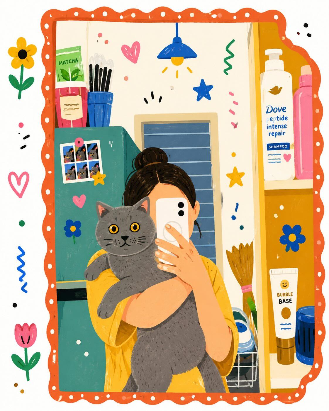 可爱韩系情侣对镜自拍插画 / Cute Couple Mirror Selfie Korean Illustration，角色设计，人像、插画、角色，案例输出图 2