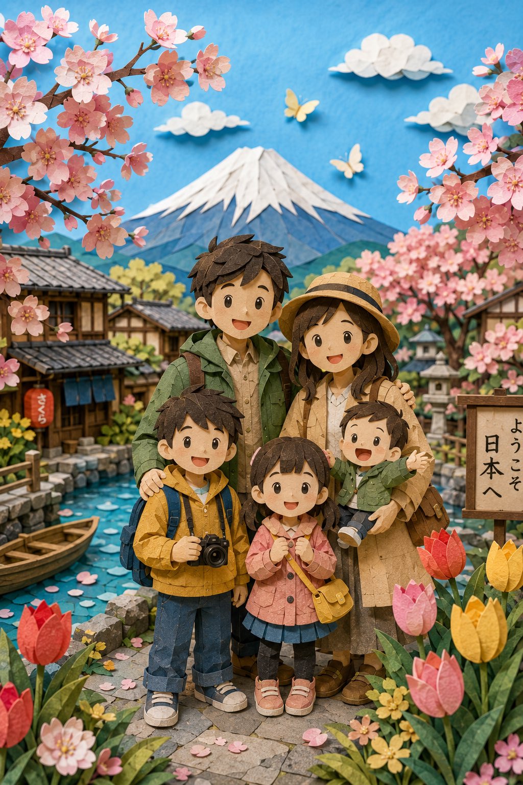 樱花季和风3D纸雕全家欢 / Whimsical 3d Paper Cut Japanese Village Family Portrait，人像与摄影，人像、海报、竖版，案例输出图 1