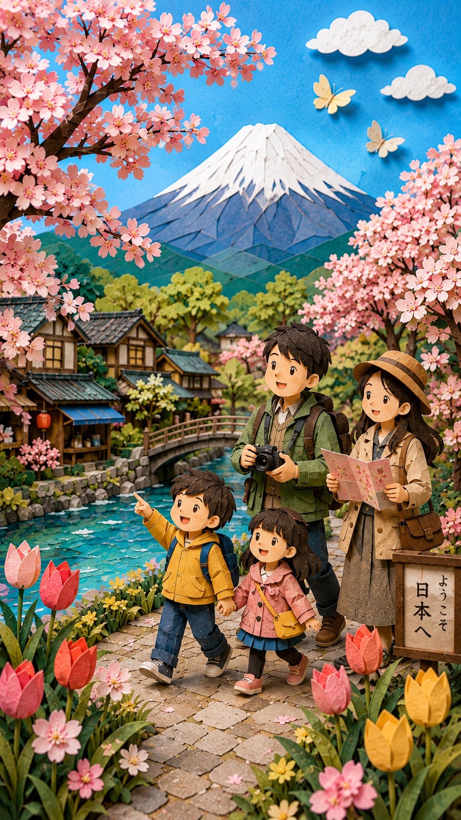 樱花季和风3D纸雕全家欢 / Whimsical 3d Paper Cut Japanese Village Family Portrait，人像与摄影，人像、海报、竖版，案例输出图 2