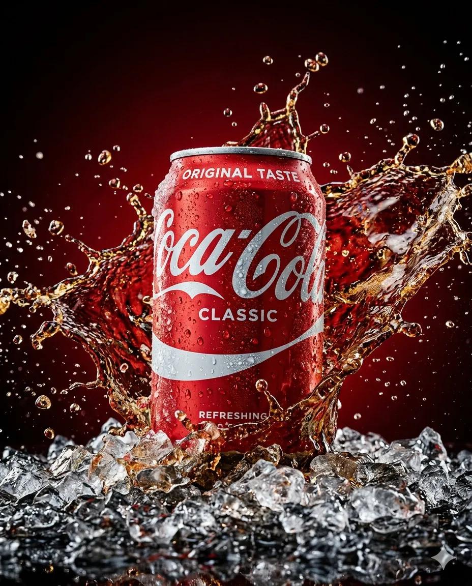 冰镇可口可乐罐装水滴飞溅视觉 / Chilled Coca Cola Can Splash Photography,人像与摄影,人像、电影感、产品图,案例输出图 1