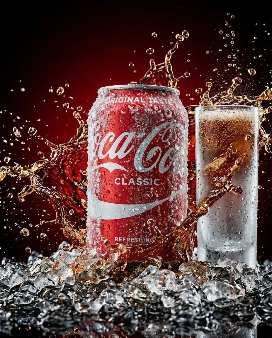 冰镇可口可乐罐装水滴飞溅视觉 / Chilled Coca Cola Can Splash Photography，人像与摄影，人像、电影感、产品图，案例输出图 2