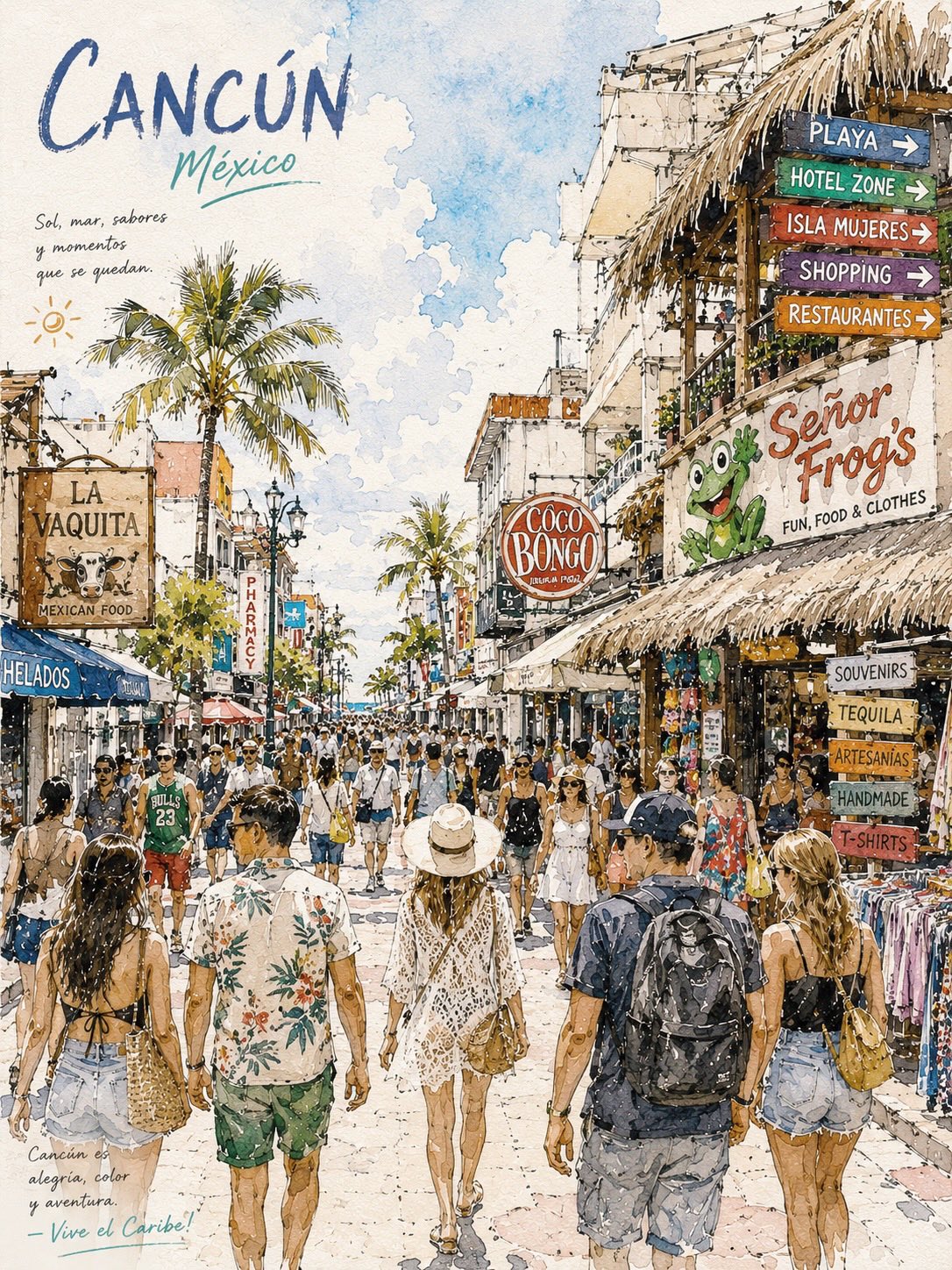 热带阳光街道水彩手绘旅行海报 / Watercolor Tropical Street Travel Poster，人像与摄影，人像、电影感、海报，案例输出图 1