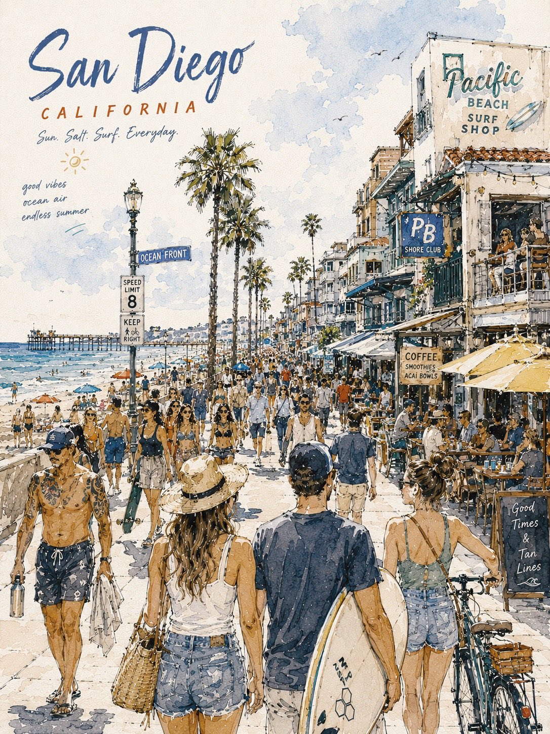 热带阳光街道水彩手绘旅行海报 / Watercolor Tropical Street Travel Poster，人像与摄影，人像、电影感、海报，案例输出图 2