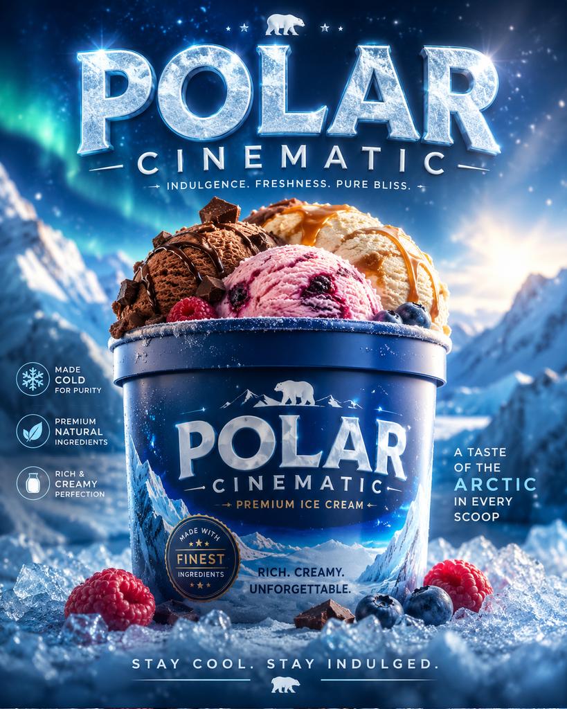 极地影院风诱人冰淇淋广告 / Polar Cinematic Ice Cream Advertisement，人像与摄影，人像、电影感、产品图，案例输出图 1