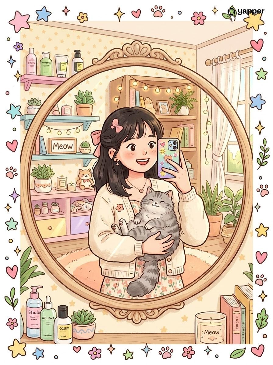 韩系清新手绘风情侣自拍插画 / Cute Couple Mirror Selfie Illustration，角色设计，人像、插画、角色，案例输出图 2