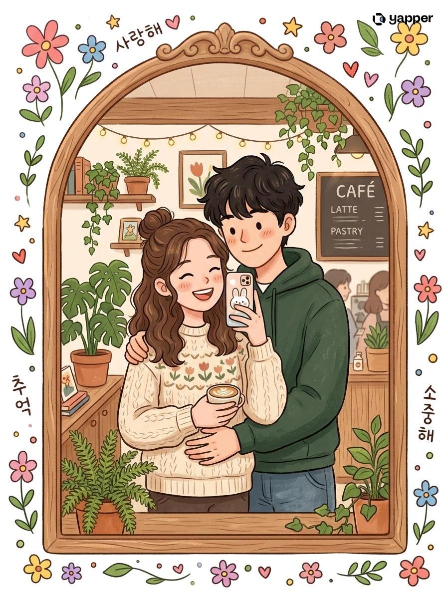 韩系清新手绘风情侣自拍插画 / Cute Couple Mirror Selfie Illustration,角色设计,人像、插画、角色,案例输出图 1