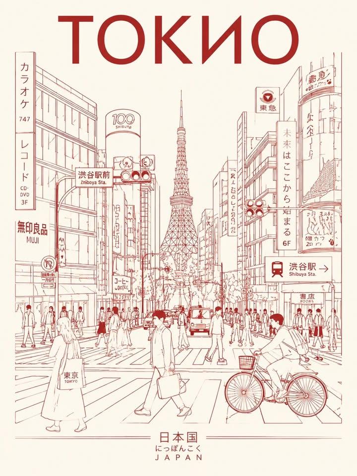 极简主义东京都市生活单色线条海报 / Minimalist Tokyo Line Art Travel Poster，角色设计，霓虹、时尚、海报，案例输出图 2