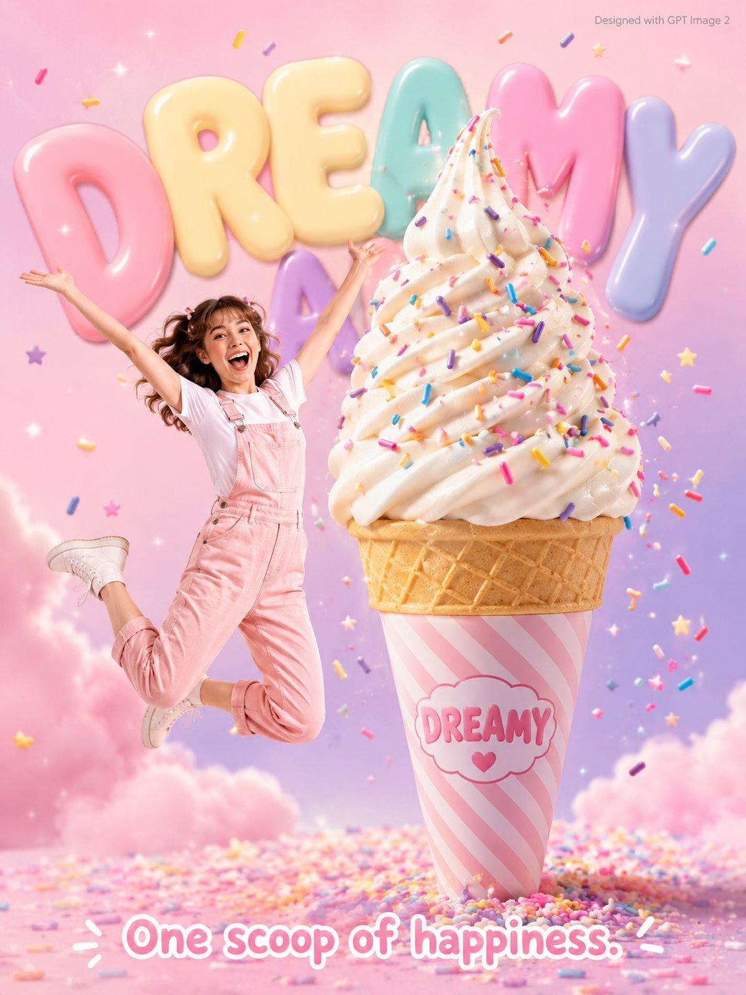 梦幻甜点巨型冰淇淋广告海报 / Dreamy Dessert Ice Cream Advertisement，人像与摄影，人像、海报、排版，案例输出图 1