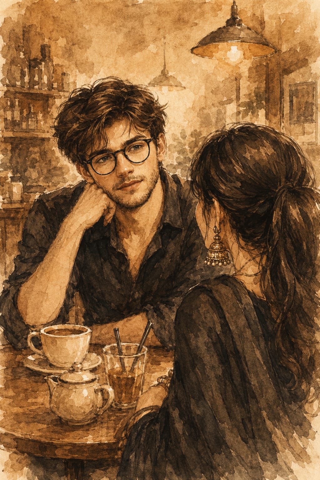棕褐调水彩浪漫咖啡厅手绘插画 / Sepia Watercolor Romantic Cafe Illustration，人像与摄影，人像、电影感、插画，案例输出图 1