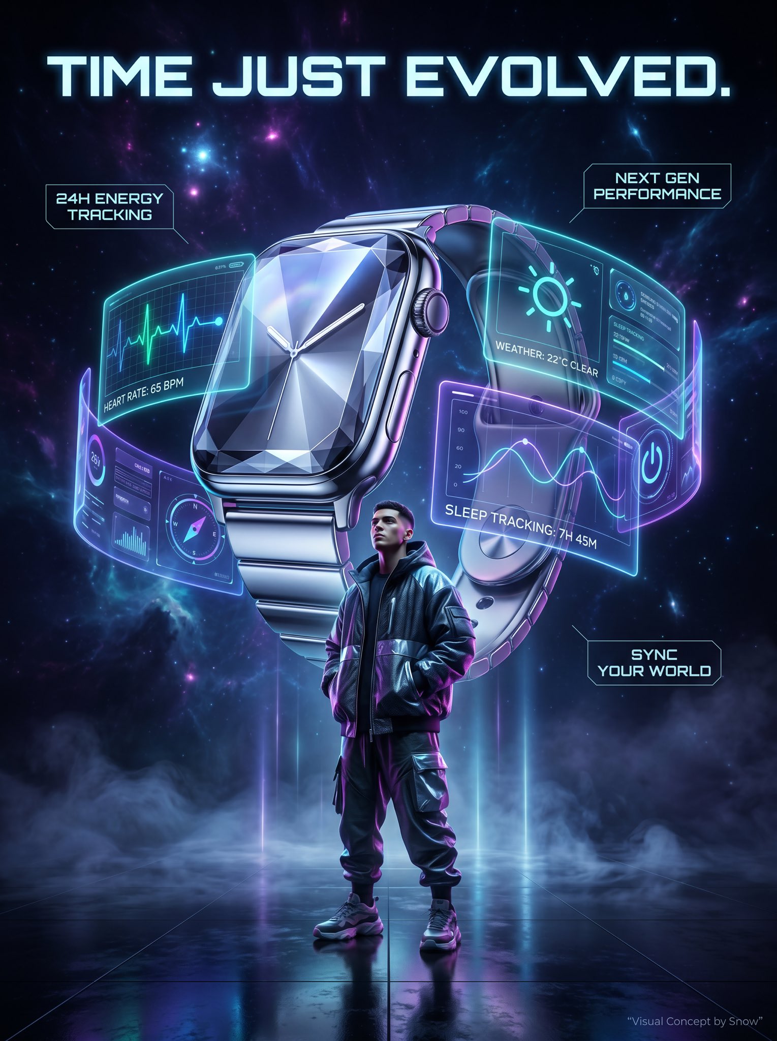 未来主义科技感智能手表广告插画 / Futuristic Chrome Smartwatch Commercial Artwork,UI 与社交媒体截图,霓虹、电影感、时尚,案例输出图 1