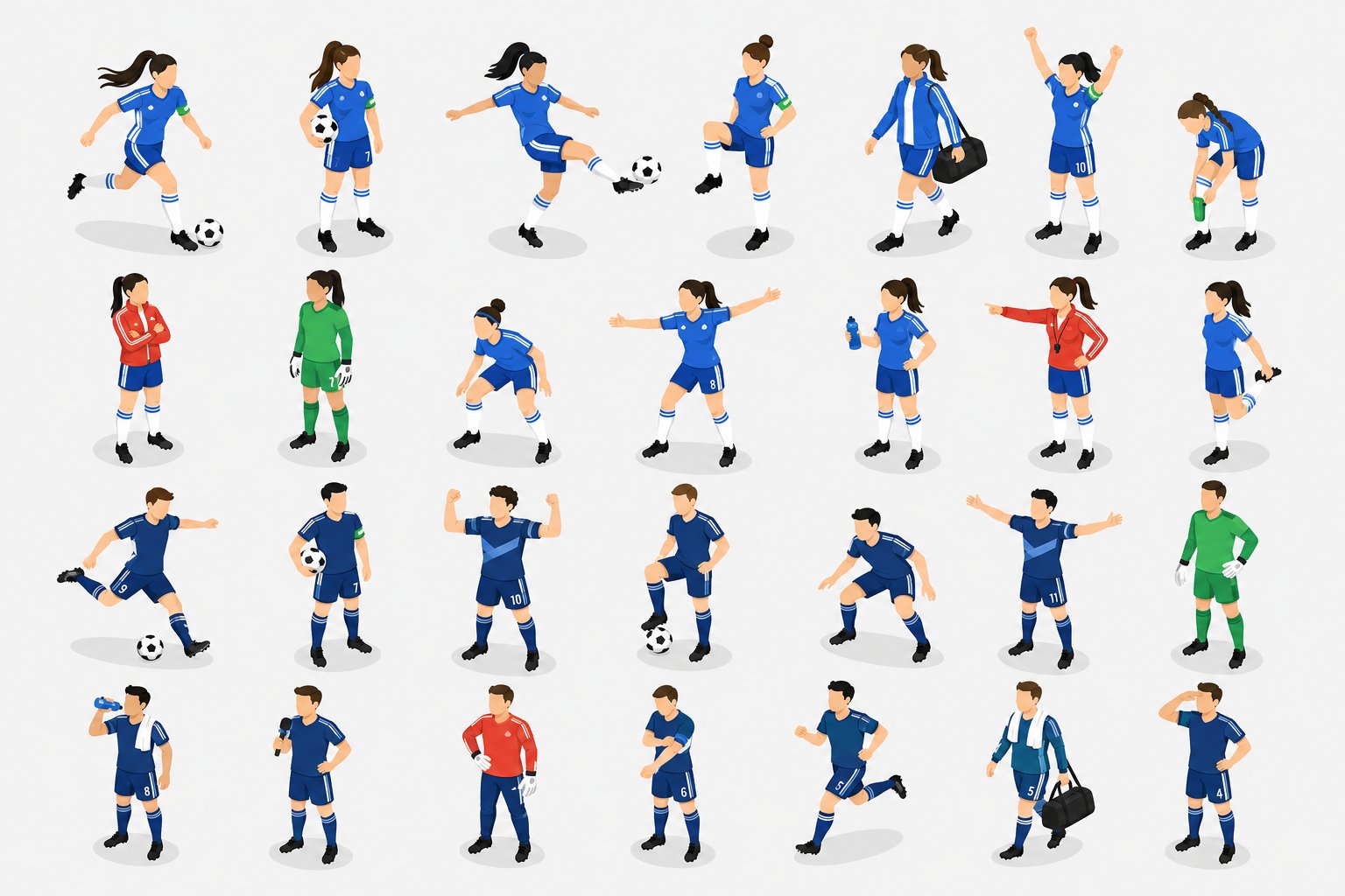 等距视角极简矢量足球运动员角色姿态表 / Isometric Minimalist Football Player Pose Sheet，UI 与社交媒体截图，插画、UI、截图，案例输出图 1