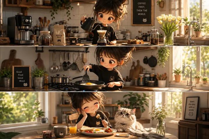 Q版少女治愈晨间日常三格漫画 / Chibi Girl Morning Routine 3d Sequential Strip，角色设计，电影感、角色、二次元，案例输出图 1