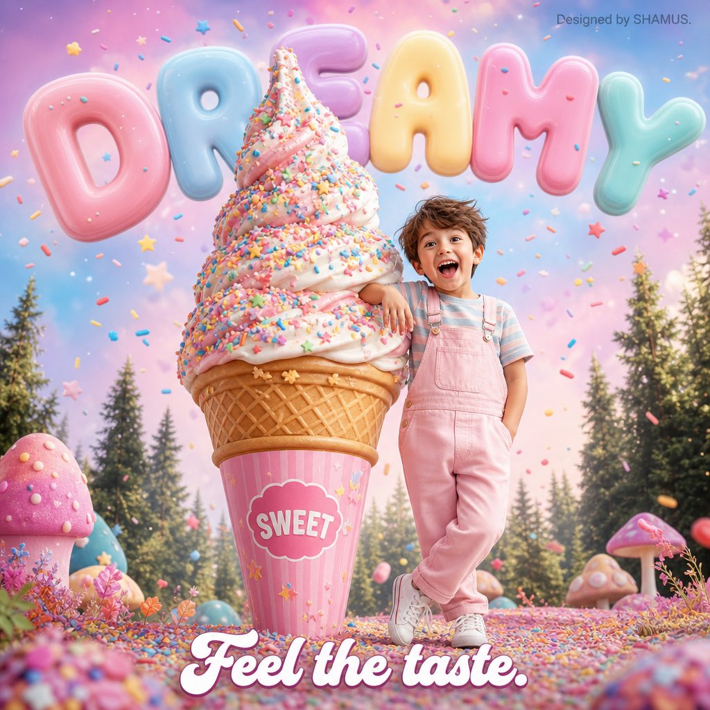 梦幻森林巨型冰淇淋男孩甜点海报 / Dreamy Forest Giant Ice Cream Boy Dessert Poster,人像与摄影,人像、海报、排版,案例输出图 1