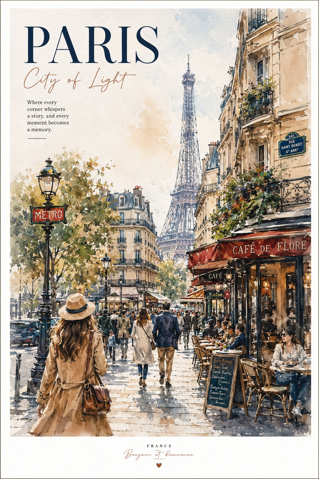 复古水彩巴黎京都城市建筑手绘艺术海报 / Vintage Watercolor Paris Kyoto Travel Posters,海报与插画,海报、插画、城市视觉,案例输出图 1