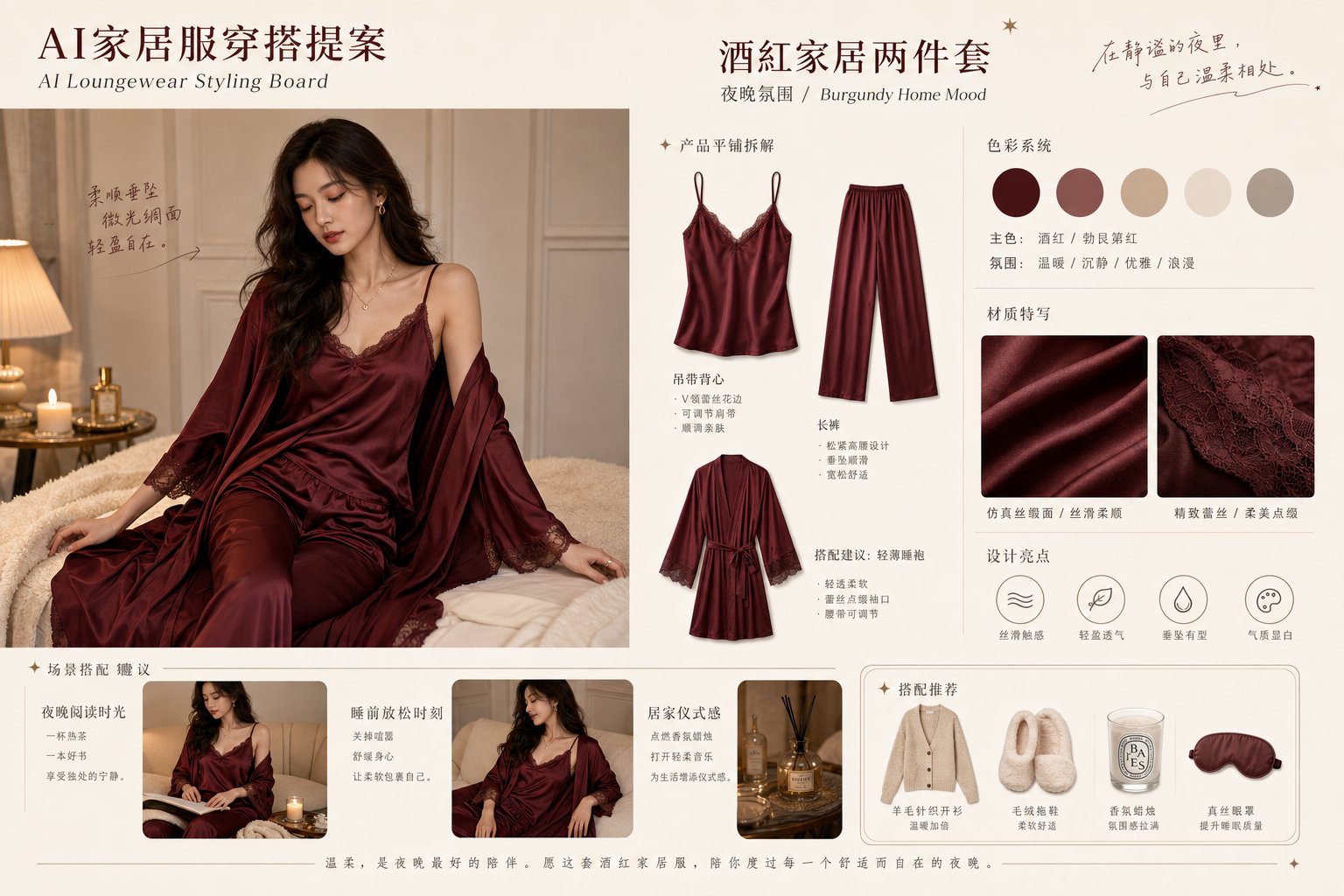 AI家居服品牌提案板设计提示词 / Ai Loungewear Brand Proposal Board Prompt，人像与摄影，人像、排版、产品图，案例输出图 2