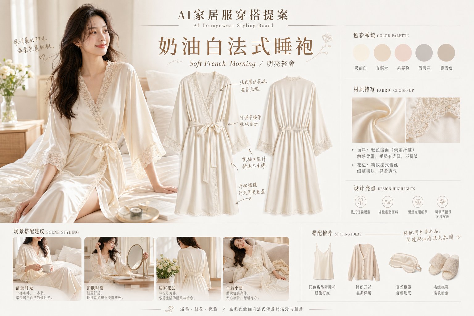 AI家居服品牌提案板设计提示词 / Ai Loungewear Brand Proposal Board Prompt，人像与摄影，人像、排版、产品图，案例输出图 1
