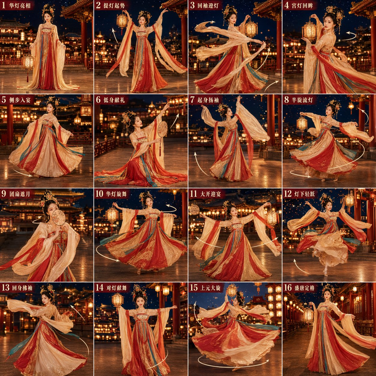 盛唐上元灯会宫廷舞十六宫格分镜图 / Tang Dynasty Lantern Festival Court Dance Storyboard,模型对比与社区,人像、电影感、海报,案例输出图 1