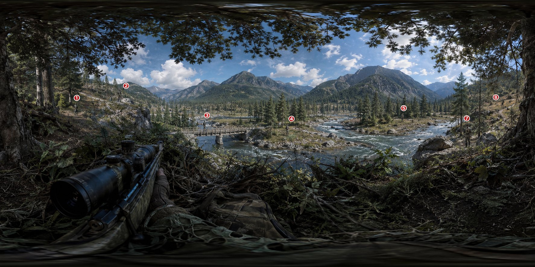 丛林潜伏狙击手视角山河全景图 / Sniper Pov Forest Panorama Targets，海报与插画，海报、插画、全景，案例输出图 1