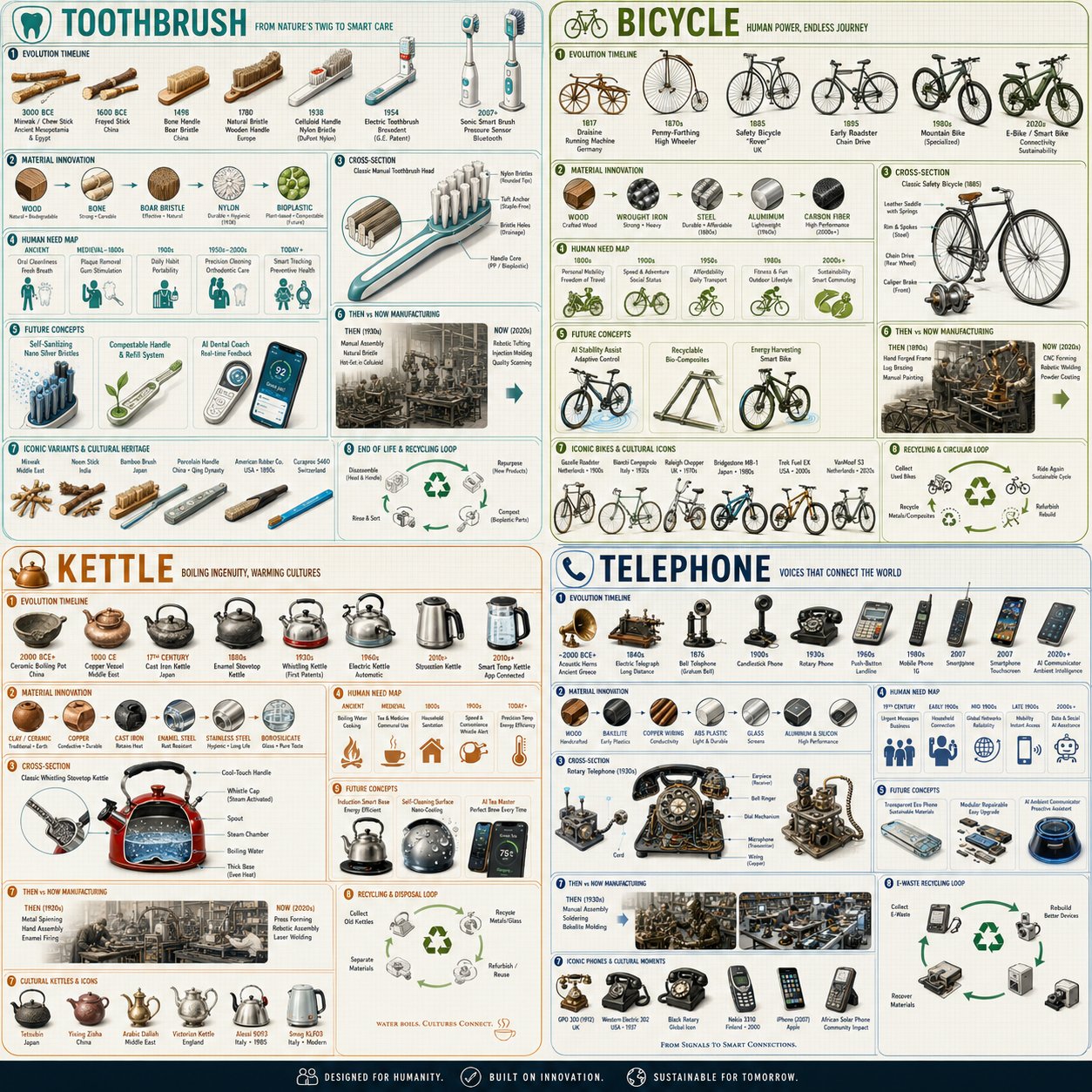 2x2网格日用品工业设计演化全景 / Everyday Object Evolution Isometric Grid，人像与摄影，人像、城市视觉、排版，案例输出图 1