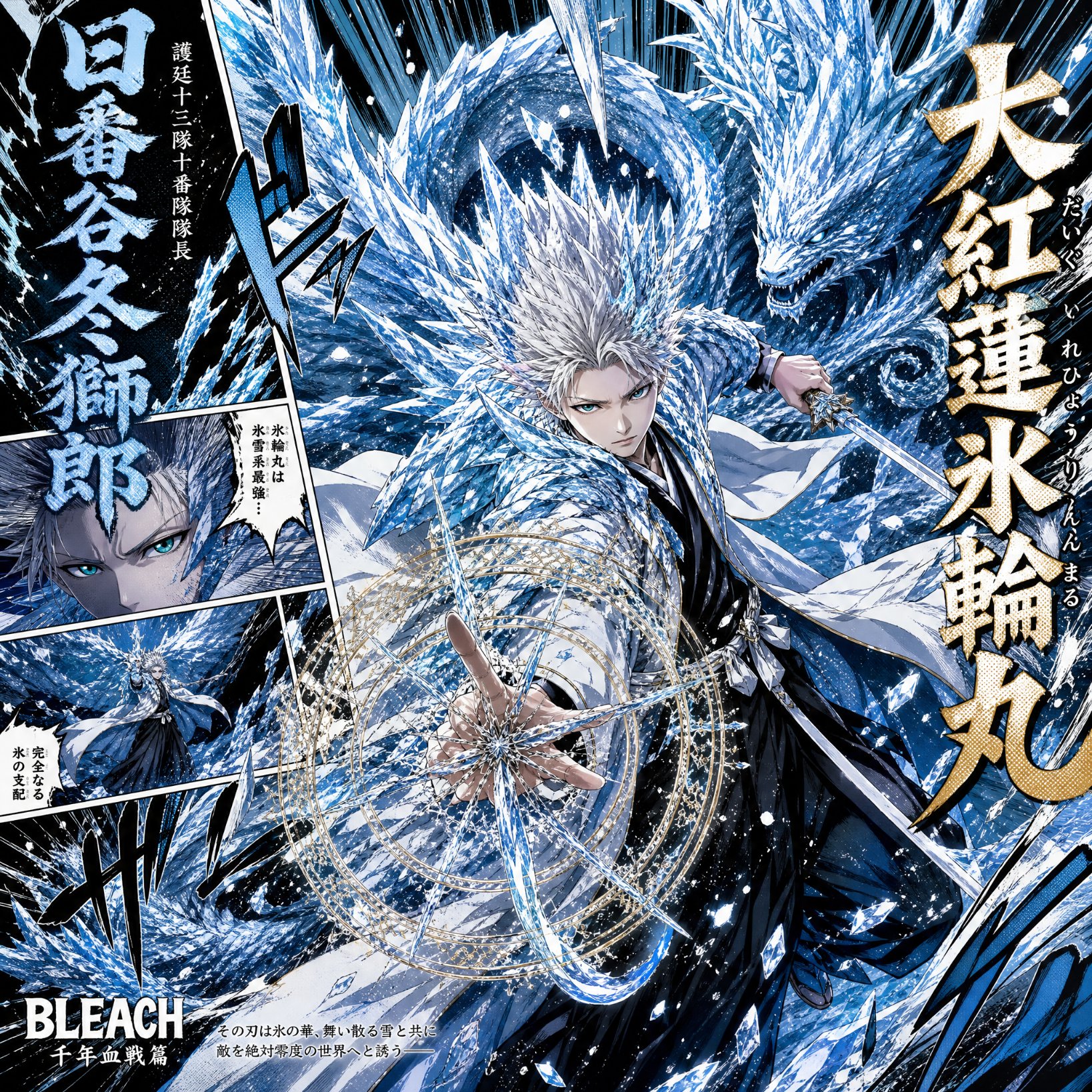 死神日番谷冬狮郎大红莲冰轮丸漫画海报 / Bleach Hitsugaya Toshiro Bankai Manga Poster，角色设计，电影感、海报、插画，案例输出图 1