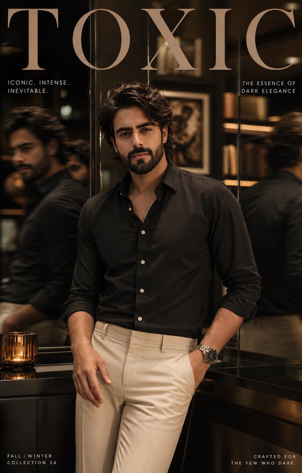 暗调电影感镜像男模时尚大片 / Cinematic Luxury Male Fashion Campaign Mirror Reflection，人像与摄影，人像、电影感、时尚，案例输出图 1
