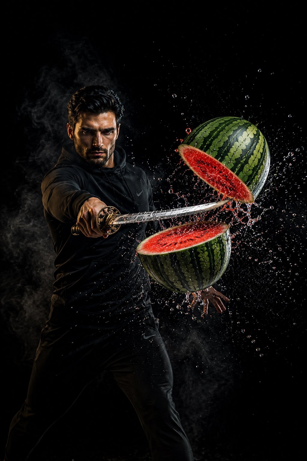 超写实武士刀切水果动态视觉大片 / Cinematic Macro Katana Fruit Action Photography，人像与摄影，人像、电影感、产品图，案例输出图 1