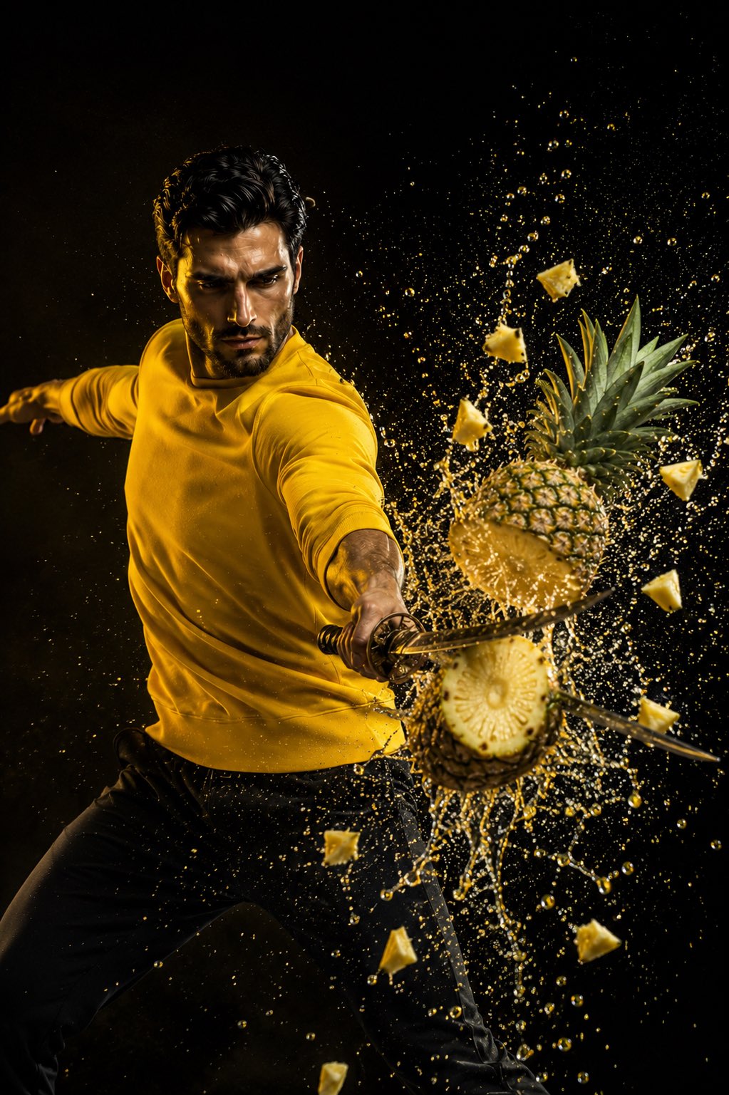 超写实武士刀切水果动态视觉大片 / Cinematic Macro Katana Fruit Action Photography，人像与摄影，人像、电影感、产品图，案例输出图 2
