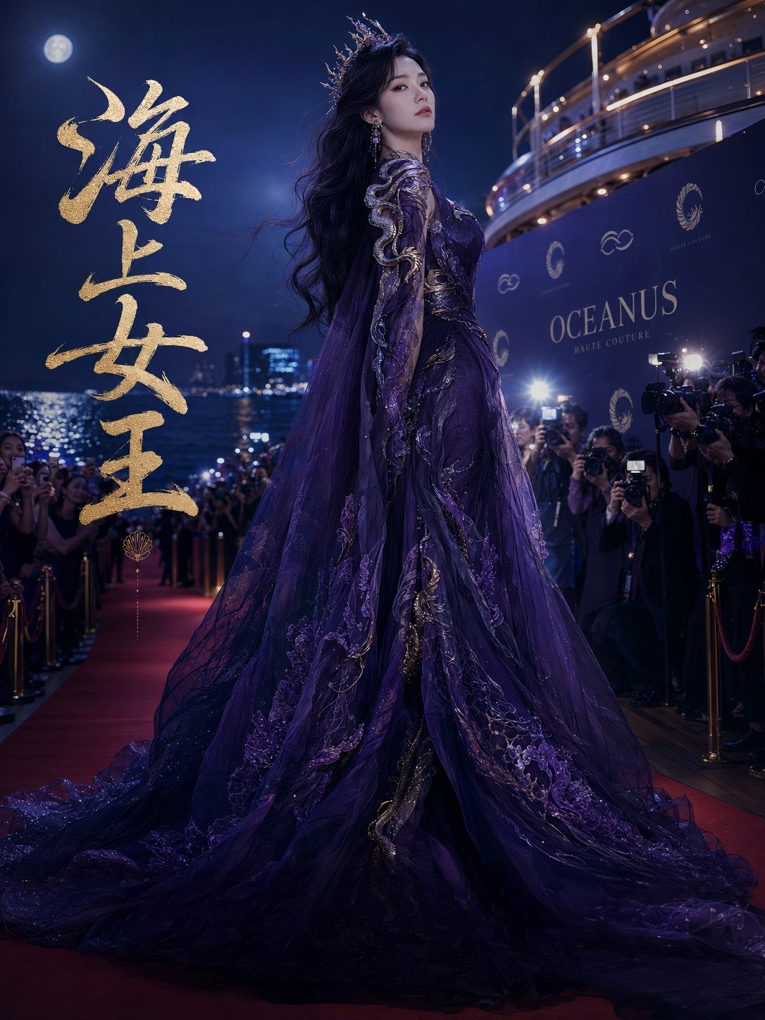 海上女帝高级时装电影海报 / Sea Empress Haute Couture Movie Poster,角色设计,35mm、电影感、时尚,案例输出图 1