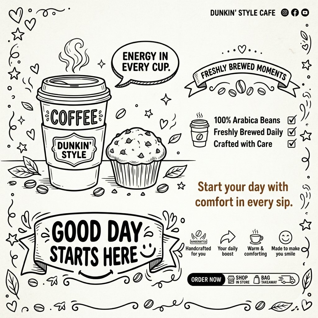咖啡店黑白手绘线条风格广告海报 / Coffee Shop Black And White Line Art Ad,海报与插画,海报、插画、截图,案例输出图 1
