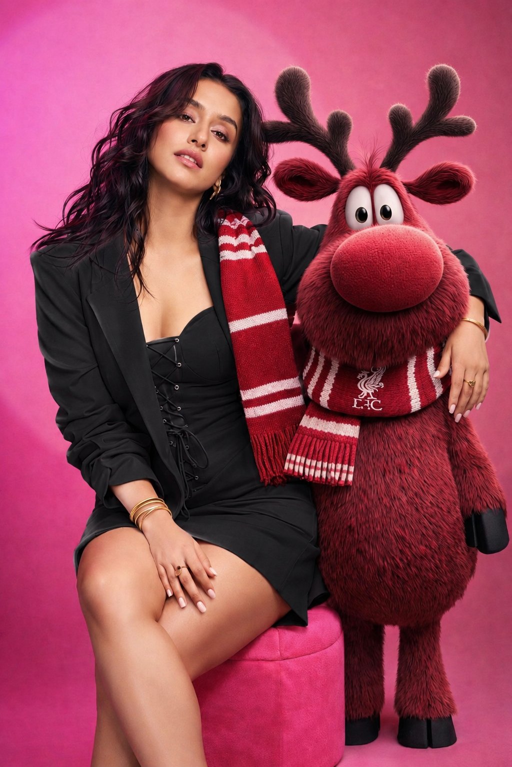 粉色西装女子与拟人驯鹿影棚肖像 / Pink Blazer Woman And Anthropomorphic Reindeer Studio Portrait,角色设计,人像、角色、极简,案例输出图 1